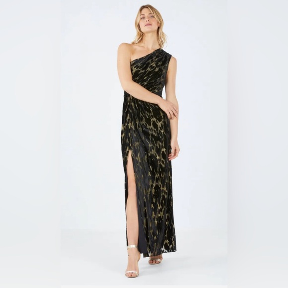 BCBGMaxAzria Jaxon One-shoulder Black/Gold Velvet Evening Dress sz 6 (Like New!) - Picture 3 of 16